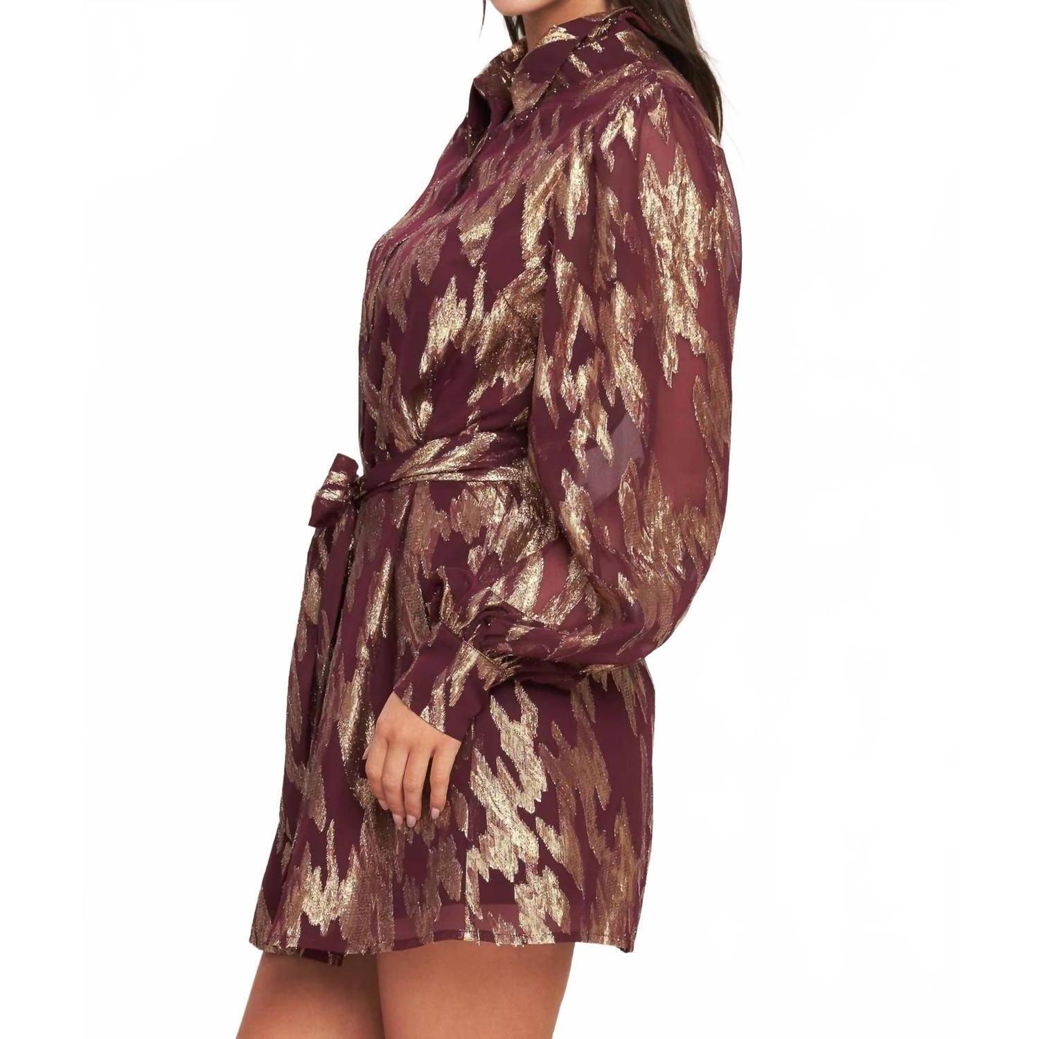 New Flying Tomato Muse Metallic Print Long Sleeve Collared Mini Dress In Burgund — image 4 of 8